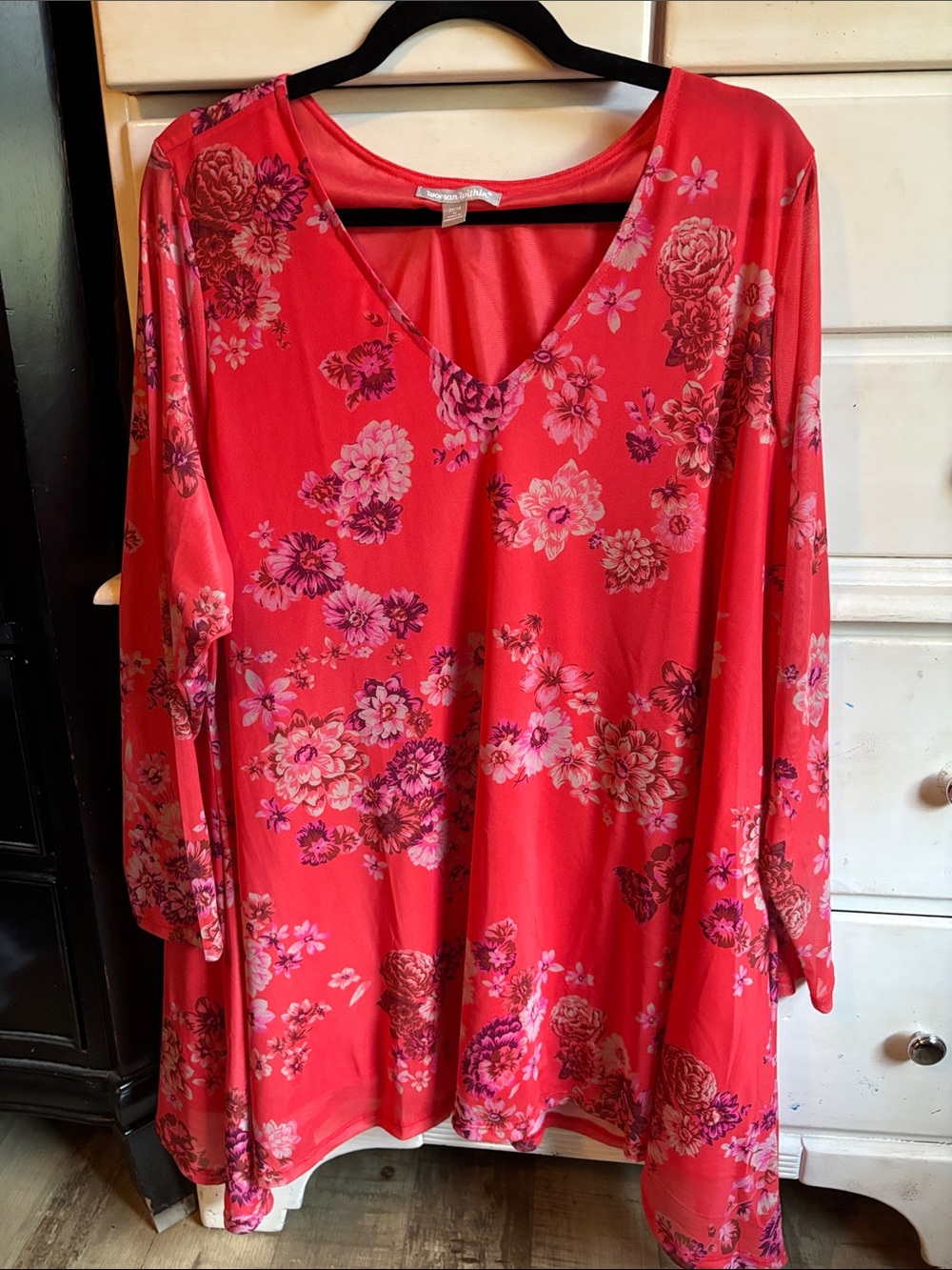Catherines Red Floral V-Neck Tunic Top